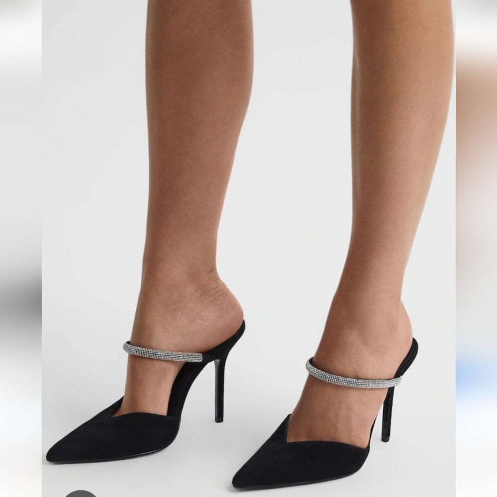 New!REISS Women's Banbury Pointed Toe Crystal Strap Black Suede High Heel Pumps
